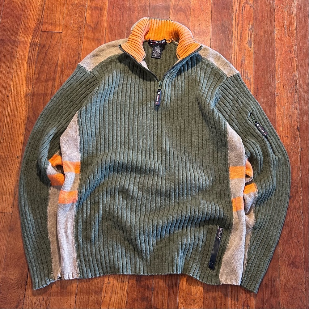 Vintage Bugle Boy ‘90s Preppy Tech Olive Green Orange 1/4 Zip Pullover Sweater S